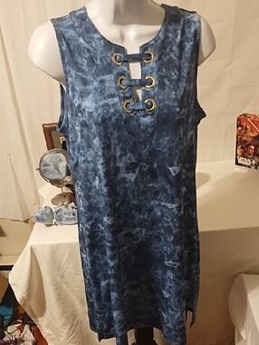 Michael Kors Blue Tie-Dye Sleeveless Shift Dress with Gold Grommets